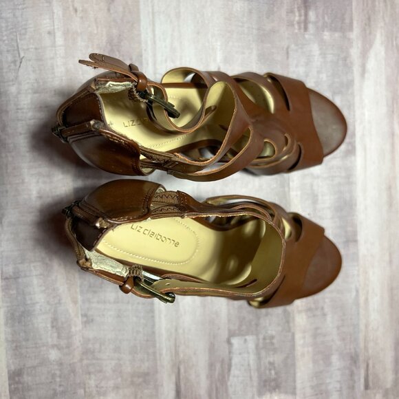 Liz Claiborne Brown Strappy Open-Toe Heels With Back Zipper Closure 7M - Picture 12 of 13